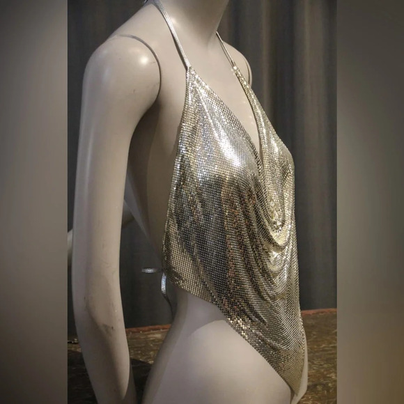 1970s Whiting and Davis Silver Metal Mesh and Leather  Drape Halter Top - Picture 2 of 5